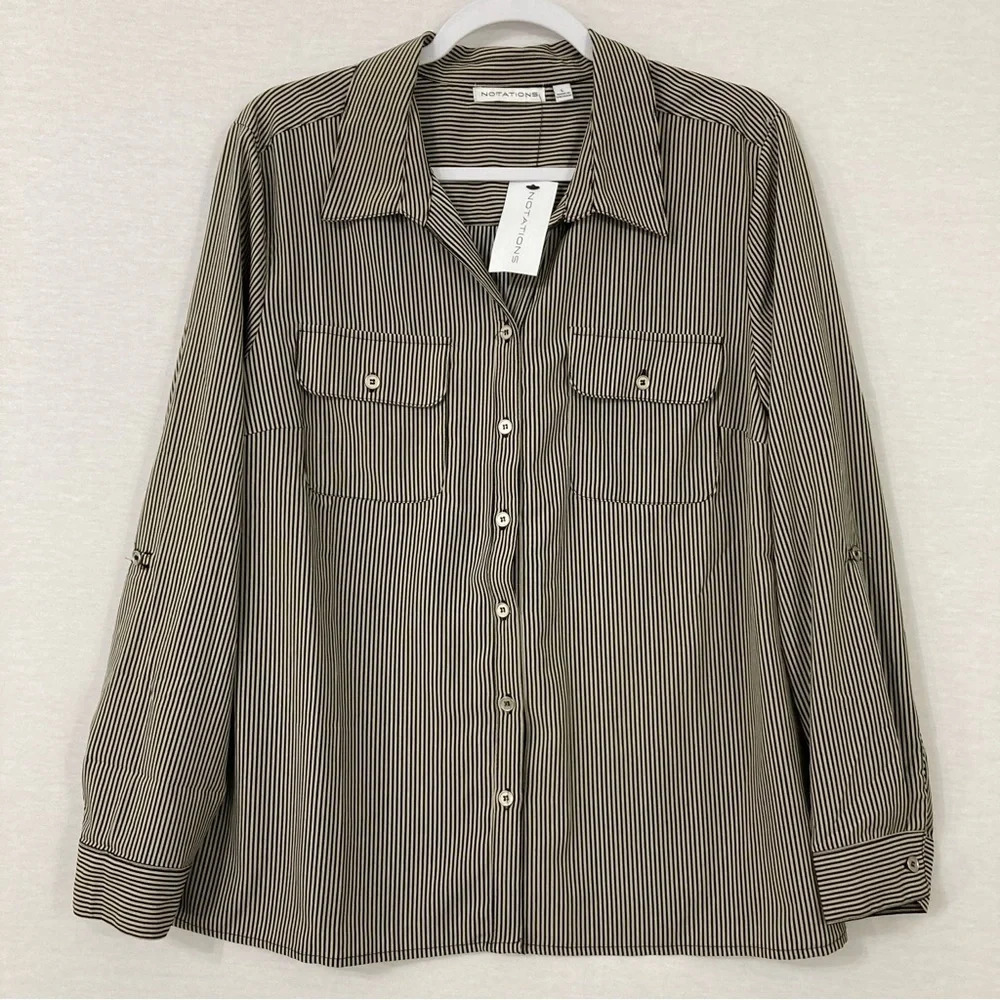 New Notations Black Tan Striped Office Career Long Sleeve Button Down‎ Large